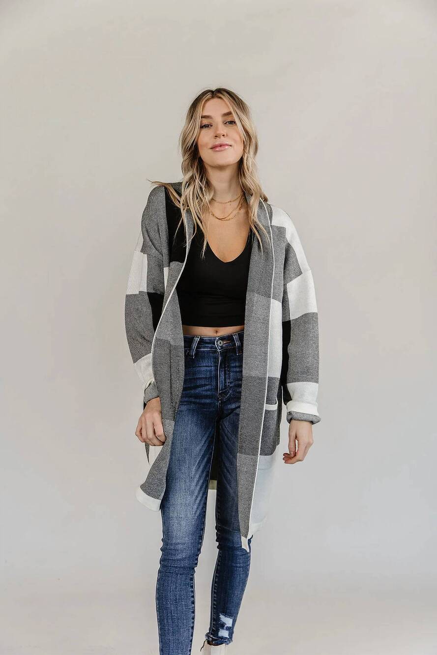 NEW AMPERSAND AVE windowpane plaid cardigan - plus in black/white